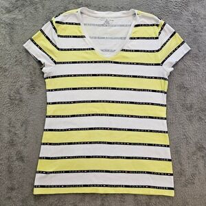 Tommy Hilfiger Womens V-Neck T-Shirt Yellow White Striped Logo Graphic XL